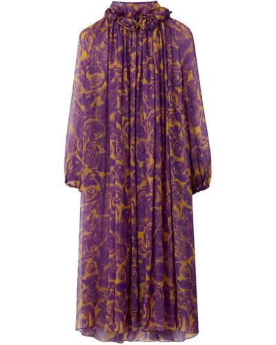 Burberry Silk Rose Print Midi Dress - Purple