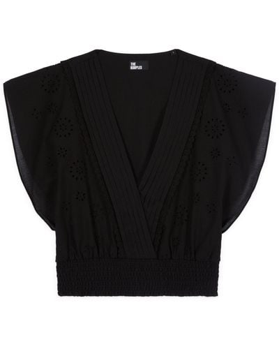 The Kooples Smocked Broderie Anglaise Top - Black