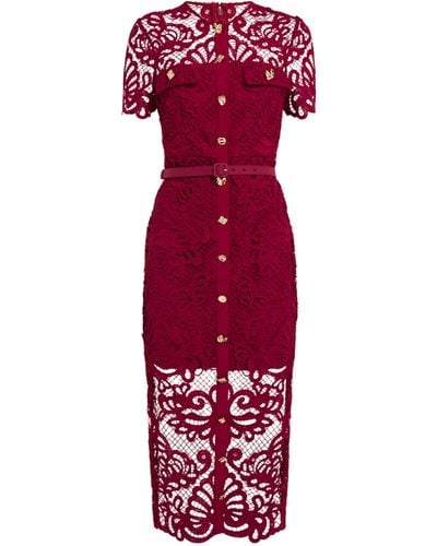 Self-Portrait Guipure Lace Belted Midi Dress - Red