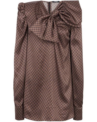 Balmain Monogram Print Bow-detail Mini Dress - Brown