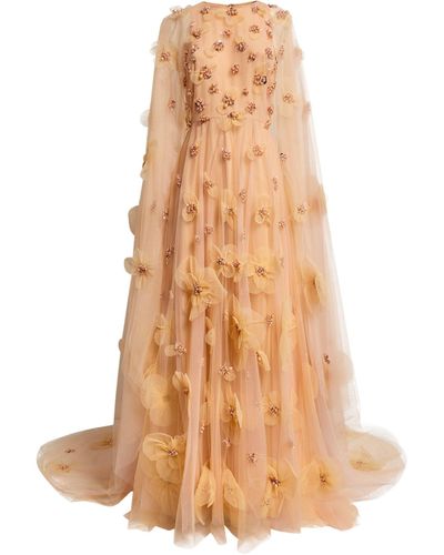 Pamella Roland Caped Petal-detail Gown - Natural