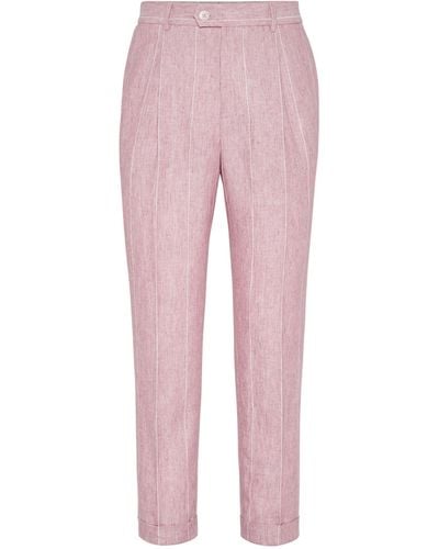Brunello Cucinelli Linen Chalk-stripe Pants - Pink