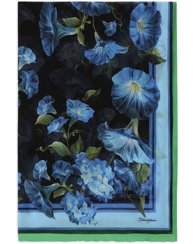 Dolce & Gabbana Silk Crepon Foulard Floral Print Scarf - Blue