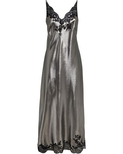 Carine Gilson Silk Lace-detail Long Nightdress - Grey