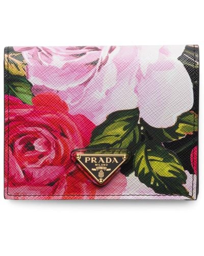Prada Small Saffiano Leather Floral Bifold Wallet - Pink