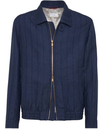 Brunello Cucinelli Wool-linen Blend Striped Bomber Jacket - Blue