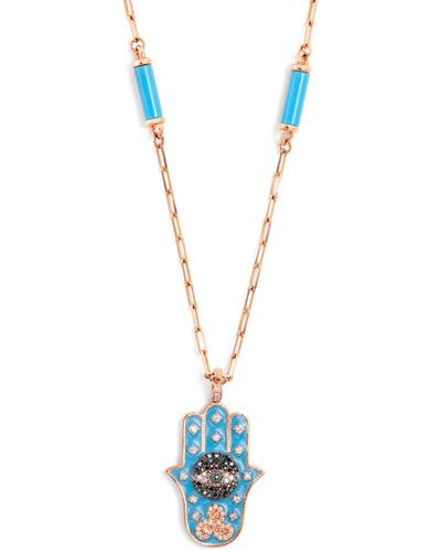 Bee Goddess Rose Gold And Diamond Eye Light Hamsa Necklace - Blue