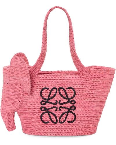 Loewe X Paula's Ibiza Raffia Elephant Basket Tote Bag - Pink