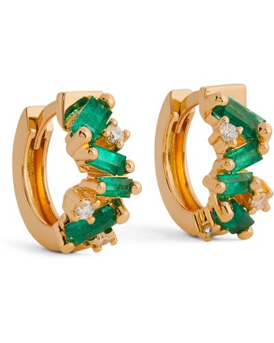 Suzanne Kalan Yellow Gold, Diamond And Emerald Fireworks Huggie Hoop Earrings - Green
