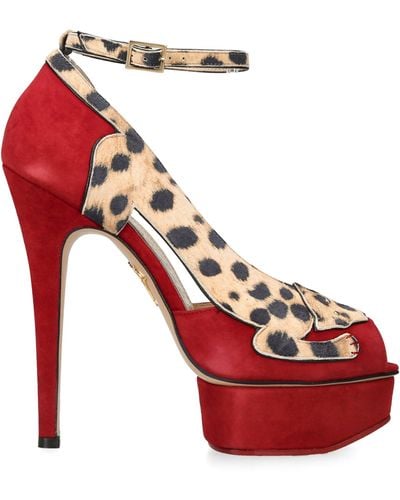 Charlotte Olympia Suede Leopardess Platform Court Shoes 145 - Red