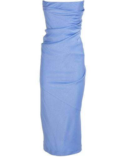 Alex Perry Satin Crepe Draped Strapless Midi Dress - Blue