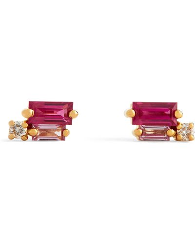 Suzanne Kalan Yellow Gold, Diamond And Sapphire Baguette Earrings - Red