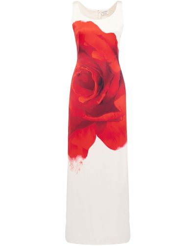 Alexander McQueen Silk Bleeding Rose Midi Dress - Red