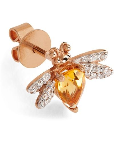 BeeGoddess Rose Gold, Diamond And Citrine Queen Bee Earring - Yellow