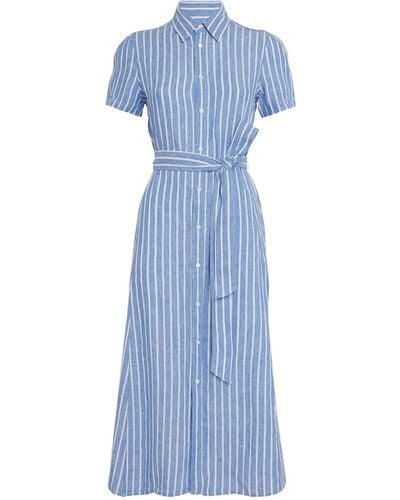 Polo Ralph Lauren Linen Belted Striped Shirt Dress - Blue