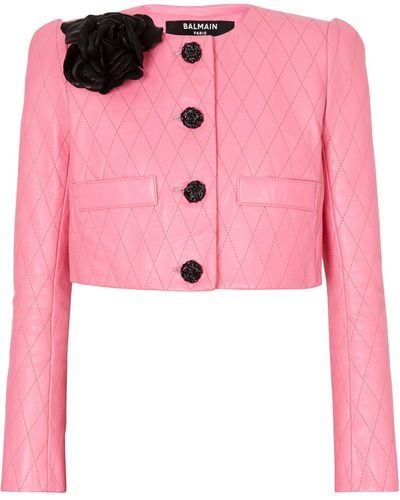Balmain Leather Embellished Cropped Jacket - Pink