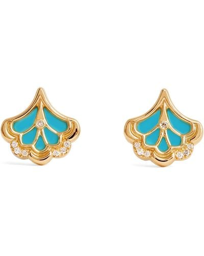 L'Atelier Nawbar Yellow Gold, Diamond And Turquoise Mini Shell Earrings - Blue