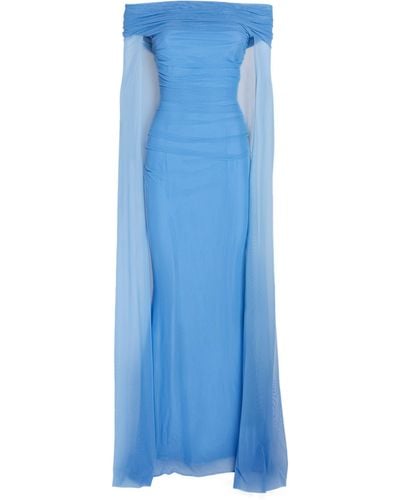 Talbot Runhof Off-the-shoulder Cape Maxi Dress - Blue