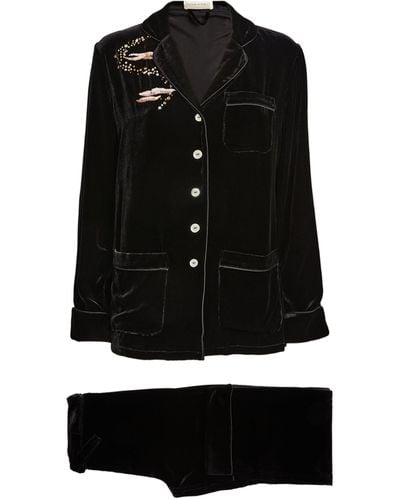 Olivia Von Halle Velvet-silk Embellished Coco Pyjama Set - Black
