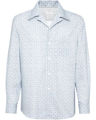 Brunello Cucinelli Cotton Printed Pocket-detail Shirt - Blue