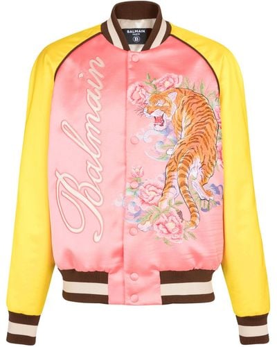 Balmain Tiger Embroidered Bomber Jacket - Pink
