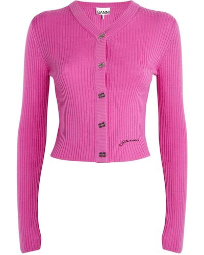 Ganni Merino Wool Monogram-button Cardigan - Pink
