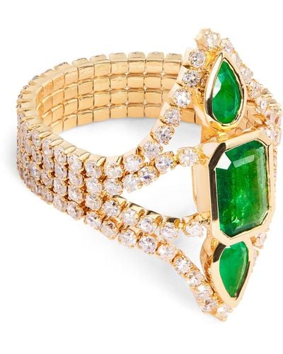 SHAY Yellow Gold, Diamond And Emerald Deco Stacked Thread Ring - Metallic