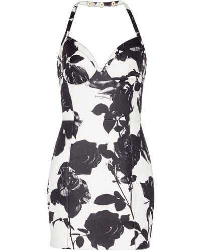 Balmain Leather Floral Print Halterneck Dress - White