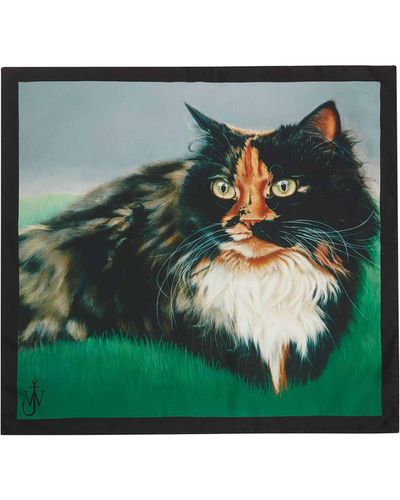 JW Anderson Silk Cat Print Scarf - Green