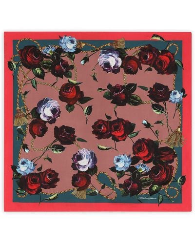 Dolce & Gabbana Silk Foulard Floral Print Scarf - Red
