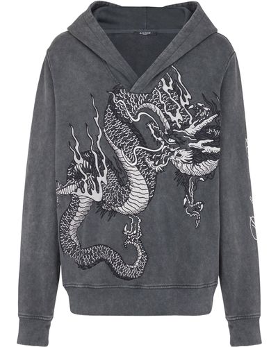 Balmain Embroidered Dragon Hoodie - Grey
