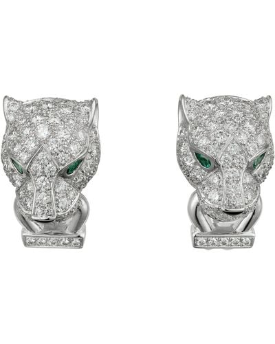 Cartier White Gold, Diamond, Emerald And Onyx Panthère De Earrings - Gray
