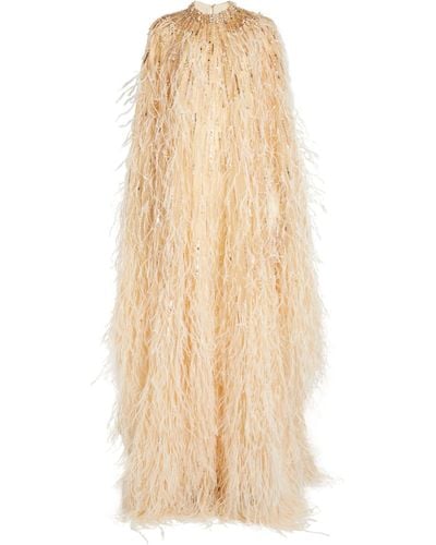 Pamella Roland Embellished Ostrich Feather Kaftan Gown - Natural