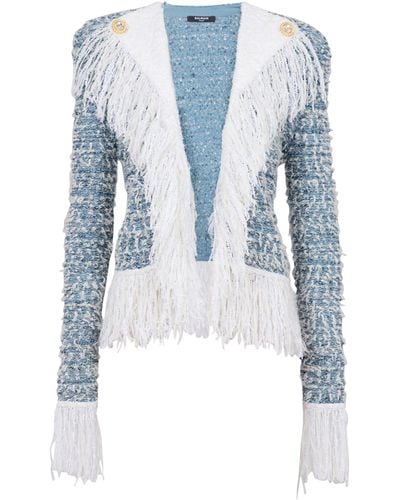 Balmain Denim-tweed Fringe-detail Jacket - Blue