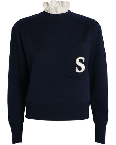 Sandro Ruffle Collar Monogram Sweater - Blue