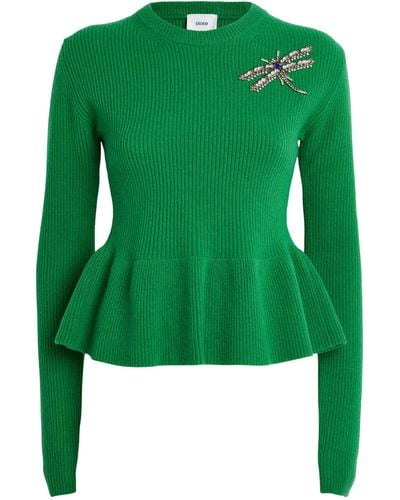 Erdem Wool Embellished Peplum Sweater - Green
