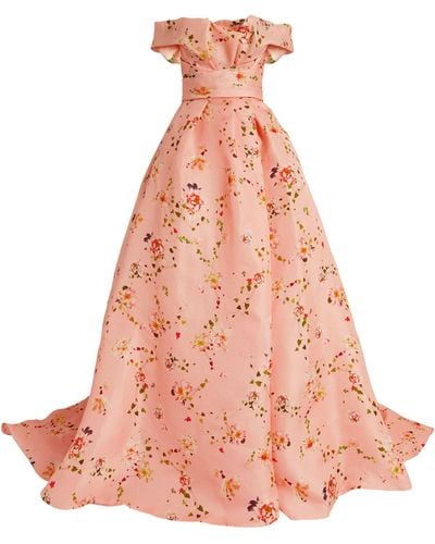 Monique Lhuillier Silk Floral Off-the-shoulder Gown - Pink