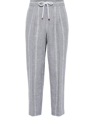 Brunello Cucinelli Linen-blend Striped Straight Trousers - Grey