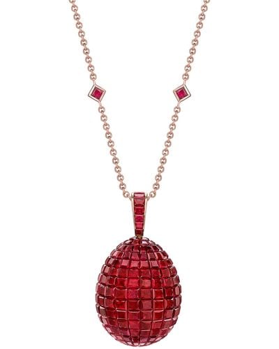 Faberge Rose Gold, Diamond And Ruby Imperial Mosaic Egg Pendant Necklace - Red