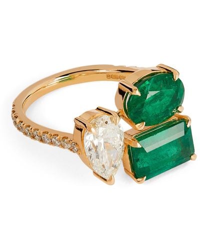 SHAY Yellow Gold, Diamond And Emerald Triple Threat Ring (size 7) - Green