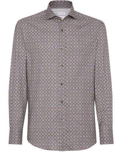 Brunello Cucinelli Cotton Geometric Print Slim-fit Shirt - Grey