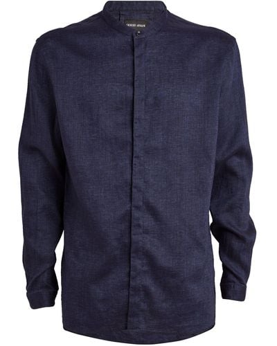 Giorgio Armani Linen Band-collar Shirt - Blue