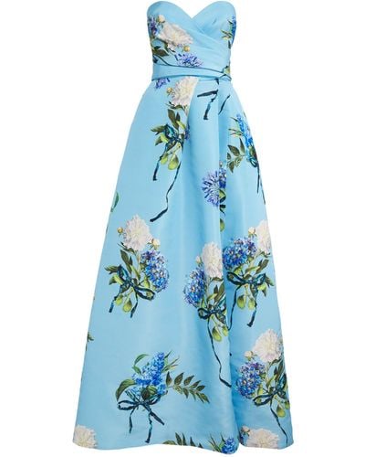 Monique Lhuillier Silk Floral Strapless Gown - Blue