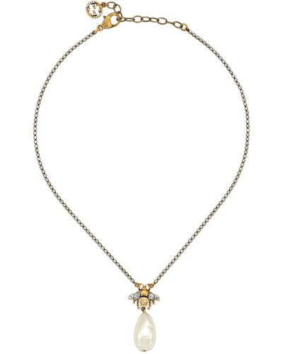 Gucci Embellished Bee And Pearl Charm Necklace - Metallic