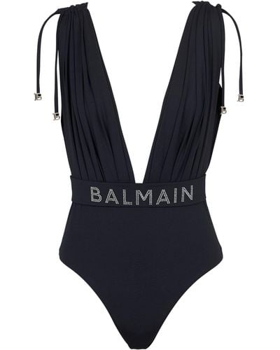 Balmain Logo Draped Swimsuit - Blue