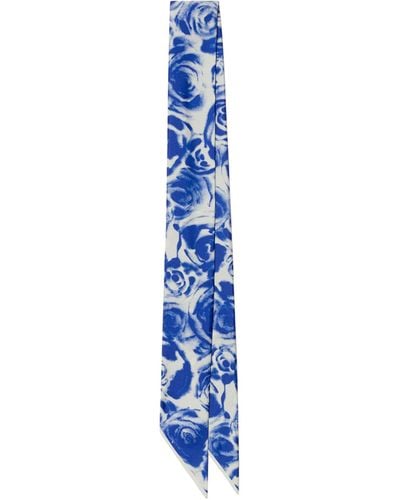 Burberry Silk Rose Print Skinny Scarf - Blue