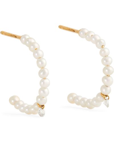 PERSÉE Yellow Gold, Pearl And Diamond Hoop Earrings - White