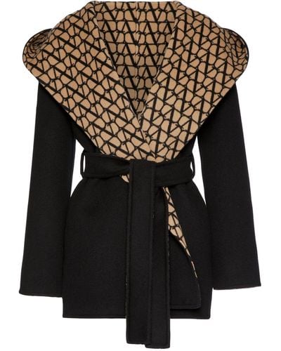 Valentino Garavani Wool-blend Vlogo Hooded Coat - Black