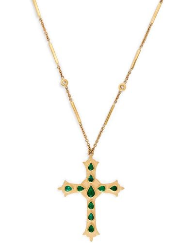 Jacquie Aiche Yellow Gold, Diamond And Emerald Cross Necklace - Metallic