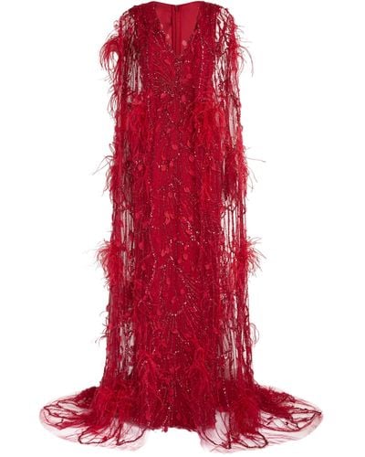 Pamella Roland Feather-embellished Cape Gown - Red